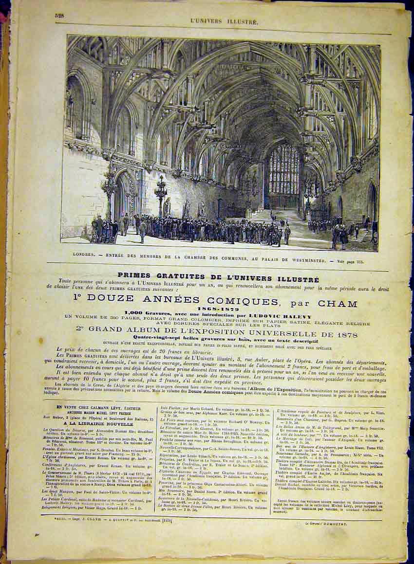 Original Old Antique Print London House Commons Westminster French 1880 19th