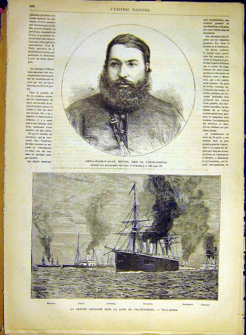 Original Old Antique Print Abdul-Rahman-Khan Afghanistan Navy Villefranche 1880