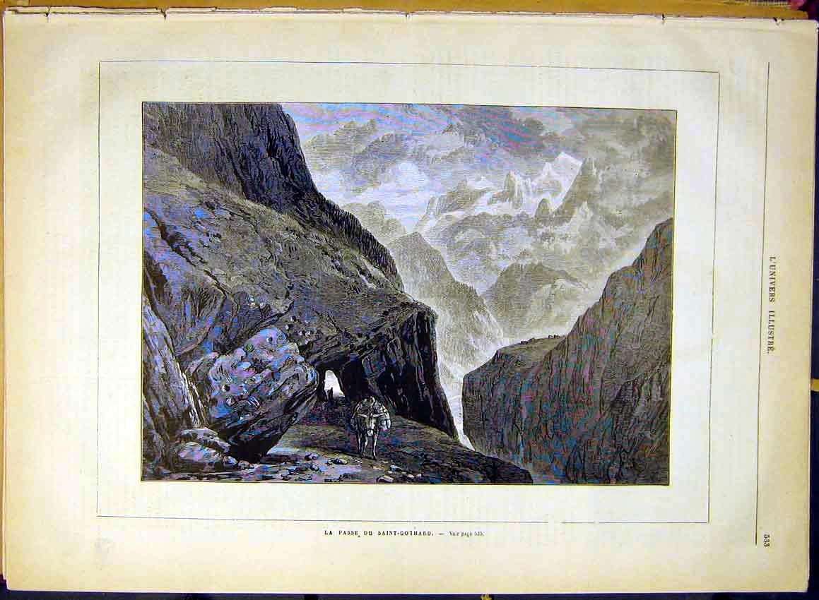 Original Old Antique Print Saint-Gothard Mountain Pass View French 1880 19th