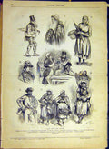 Original Old Antique Print Belgium Ardennes People Sketches Costumes 1880 19th