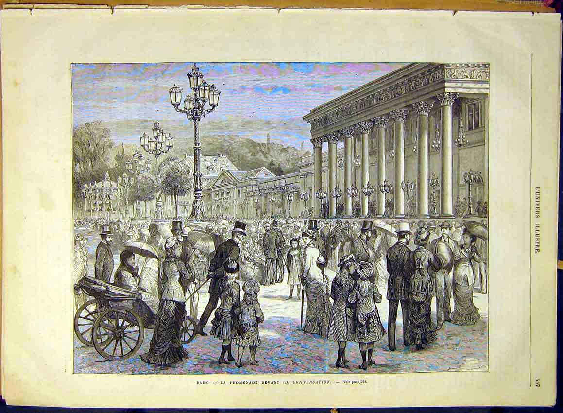 Original Old Antique Print Bade Promenade Conversation French 1880 Victorian