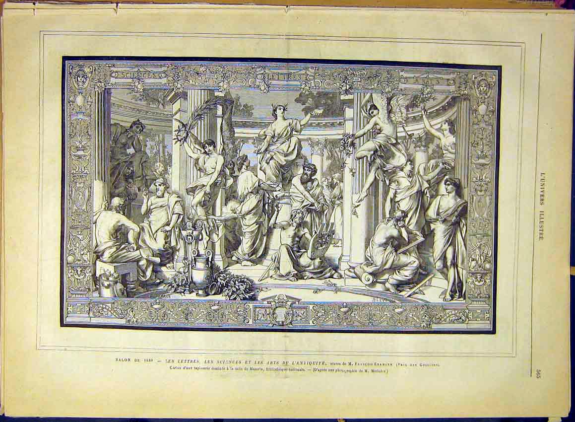Old Antique Print Tapestry Letters Sciences Arts Antiquities Ehrmann 1880 19th