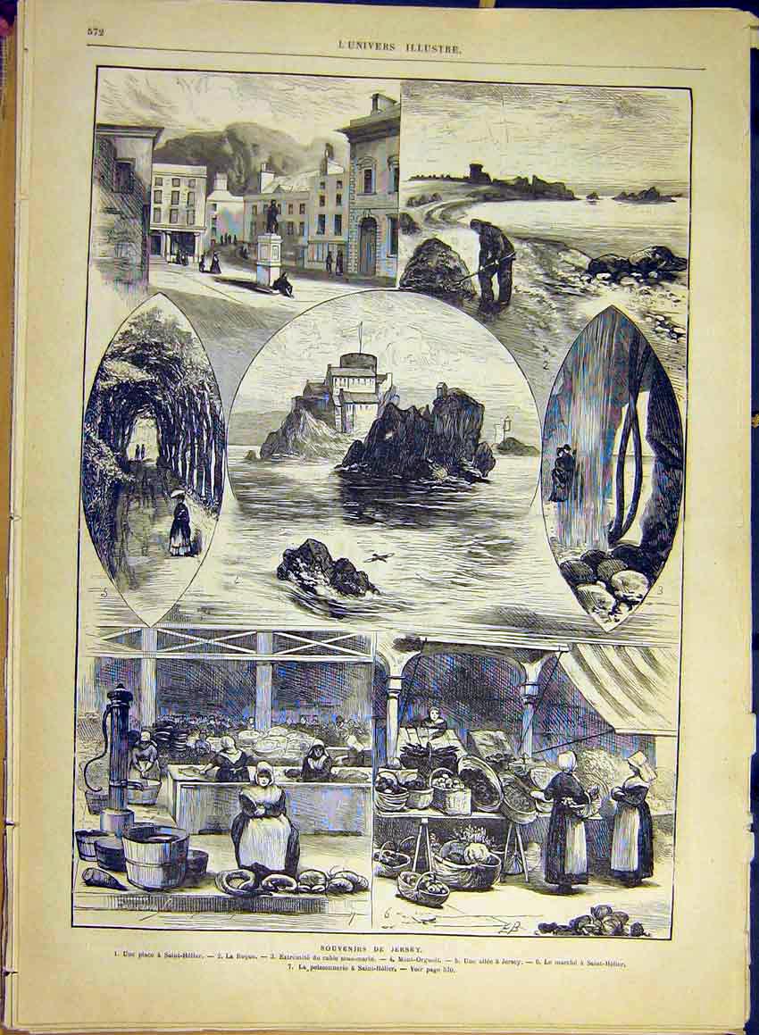 Original Old Antique Print Jersey Sketches Saint-Helier Orgueil French 1880 19th