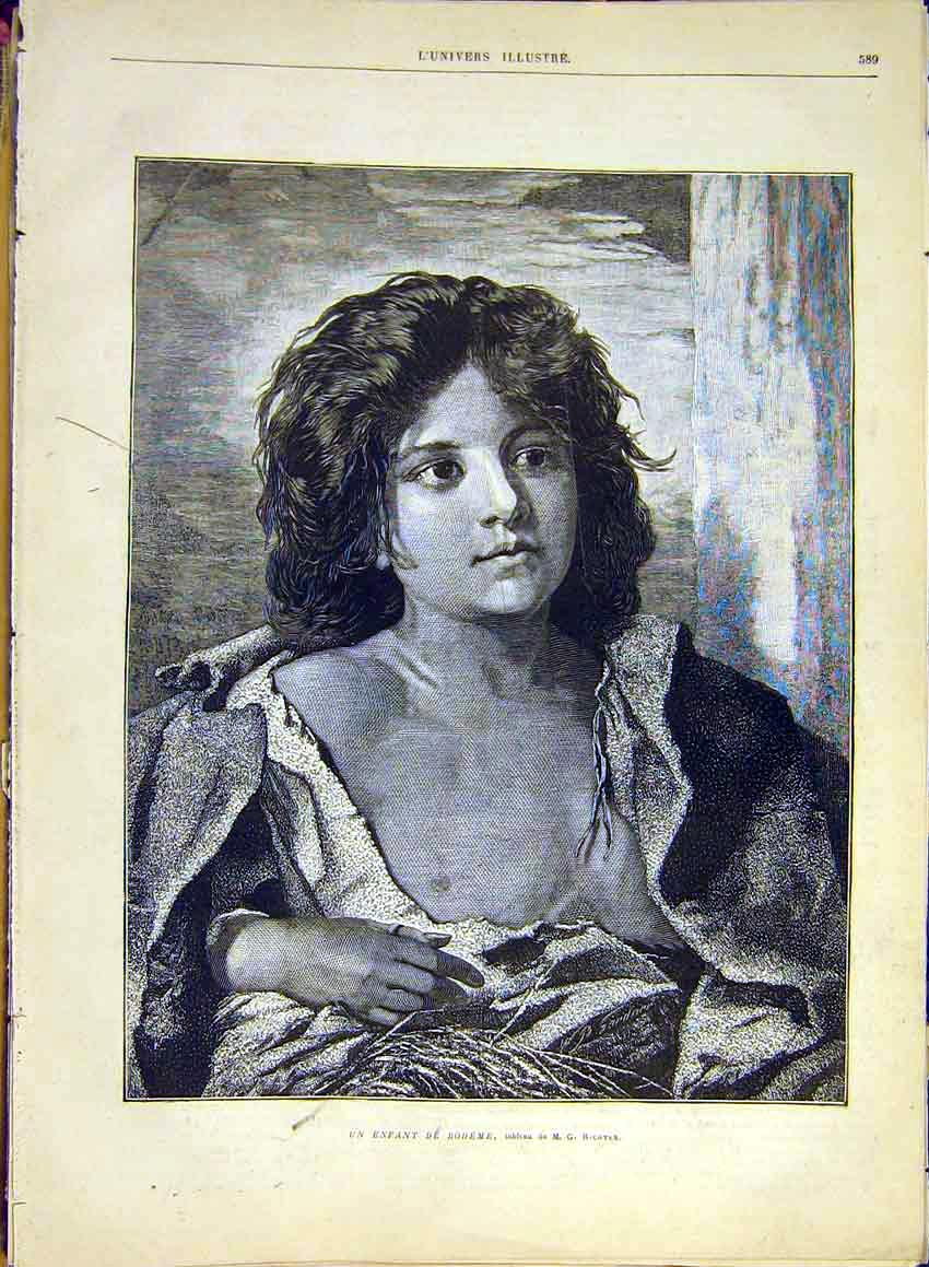 Original Old Antique Print Child Bohemia Bohemian Girl Richter French 1880 19th