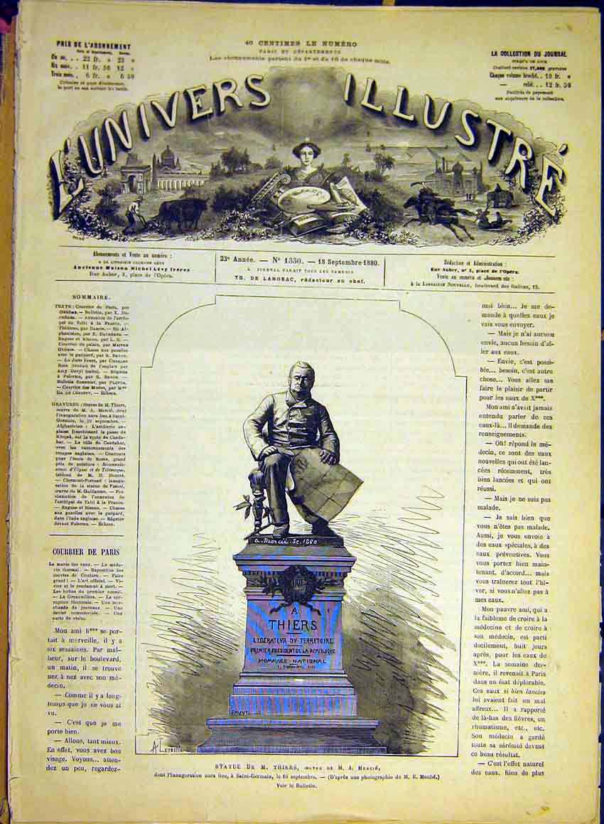 Original Old Antique Print Statue Thiers Mercie Saint-Germain French 1880 19th