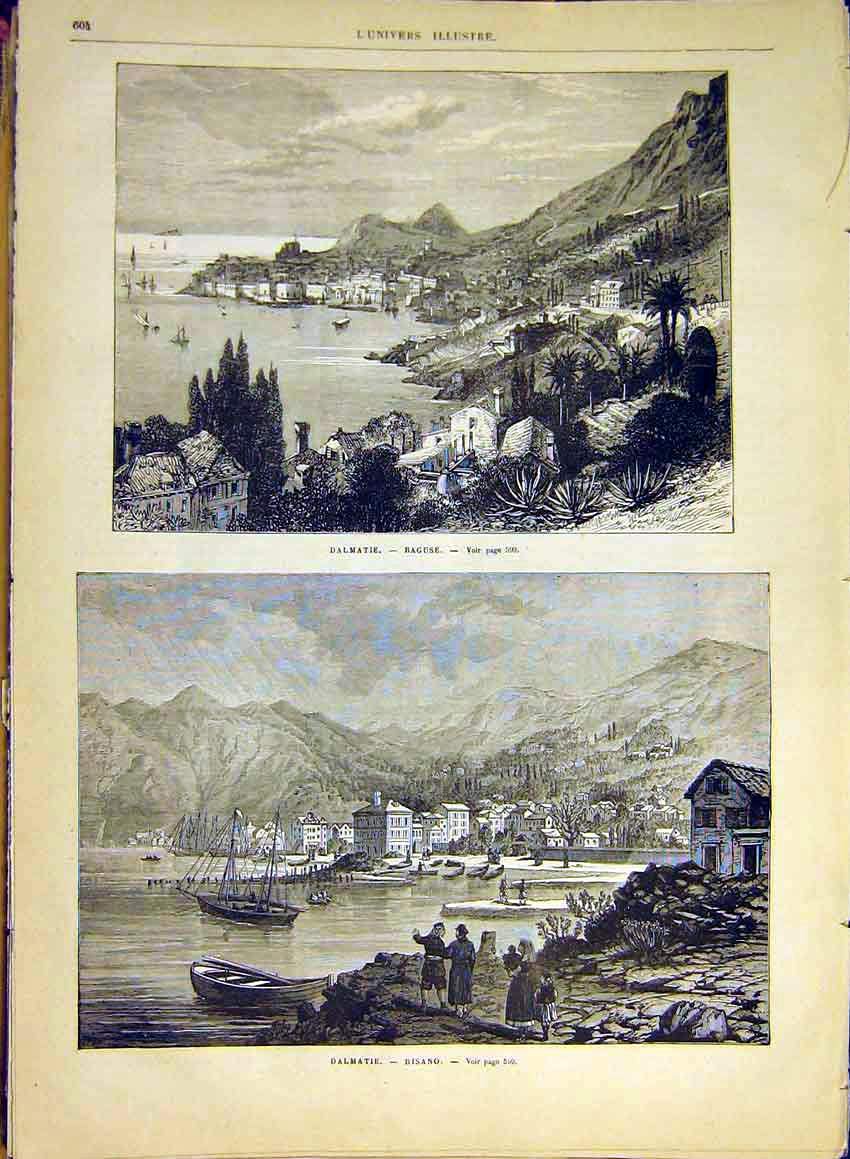 Original Old Antique Print Dalmatia Raguse Risano View Town French 1880 19th