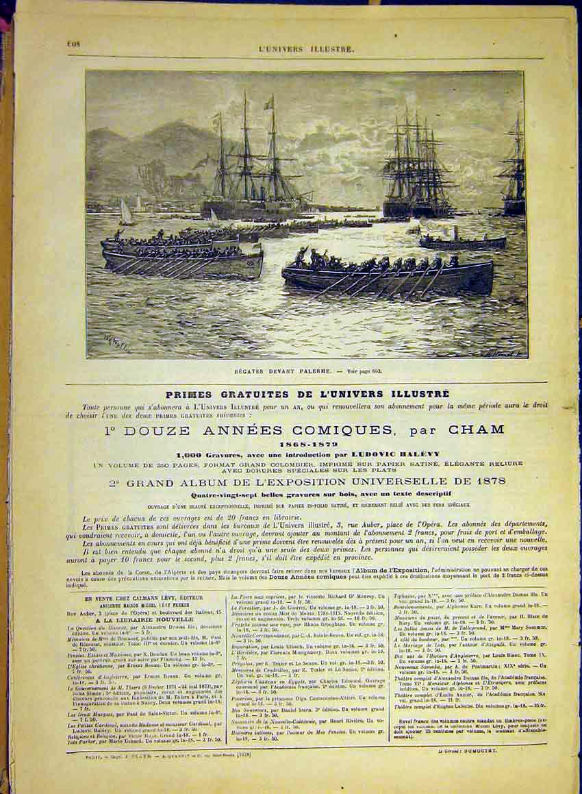Original Old Antique Print Regatta Palermo Boats Ship French 1880 Italy 19th