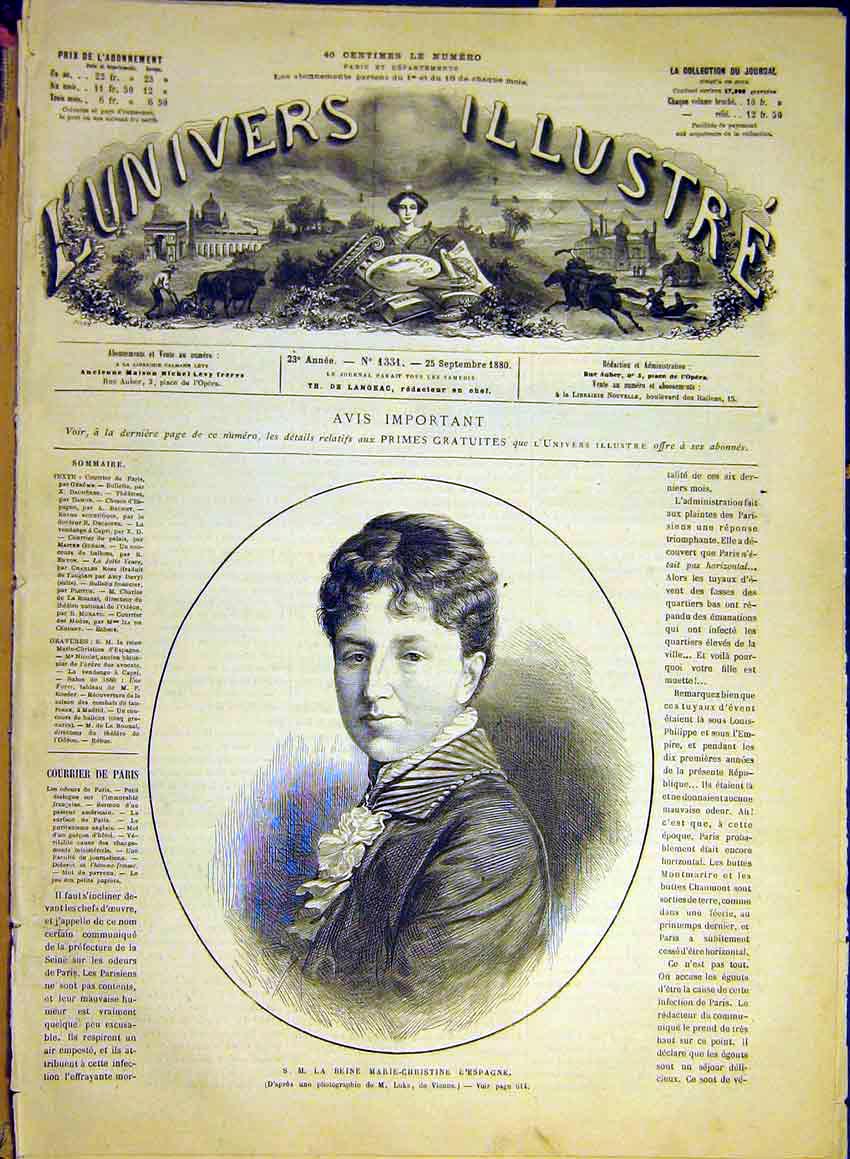 Original Old Antique Print Portrait Reine Marie-Christine Spain Spanish 1880