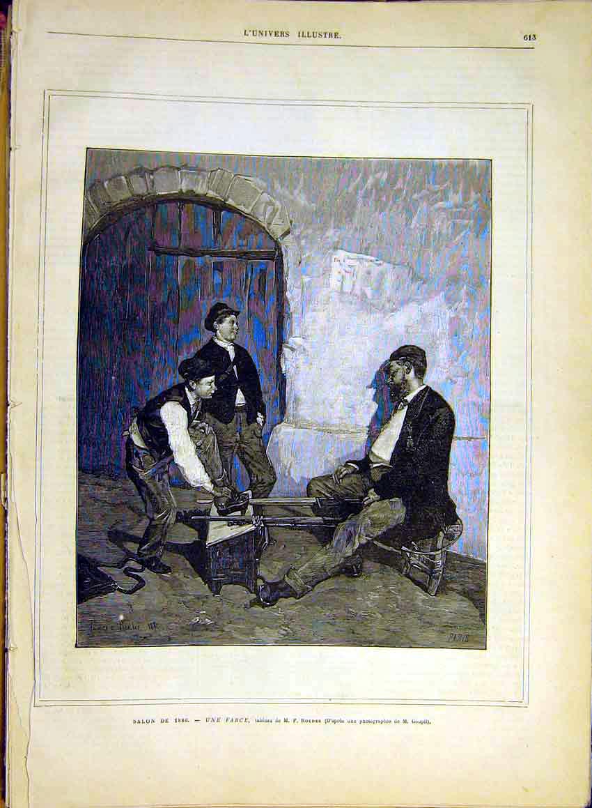 Original Old Antique Print Roeder Farce Cripple Wooden-Leg Boys 1880 Victorian