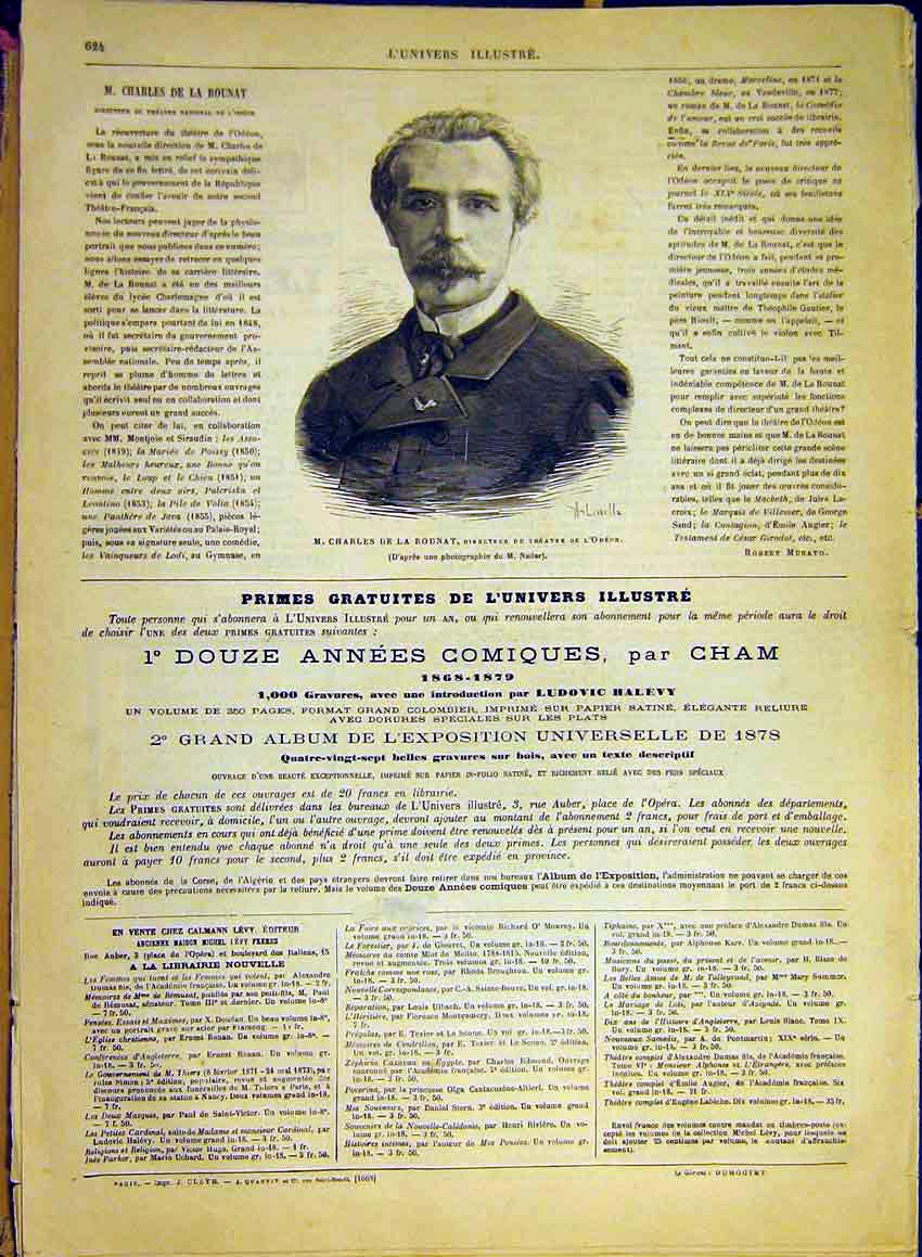 Original Old Antique Print Portrait Rounat Theatre Odeon French 1880 Victorian