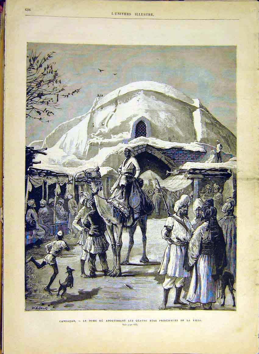 Original Old Antique Print Candahar Dome Street People Village French 1880 19th