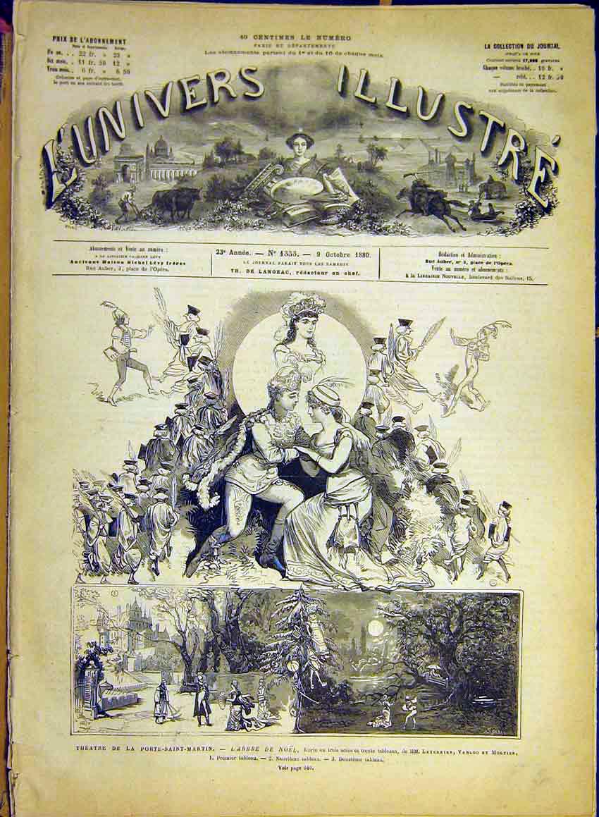 Original Old Antique Print Theatre Porte-Saint-Martin Christmas Leterrier 1880