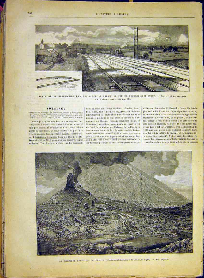 Original Old Antique Print Train Railway London Dynamite Vesuvius Volcano 1880