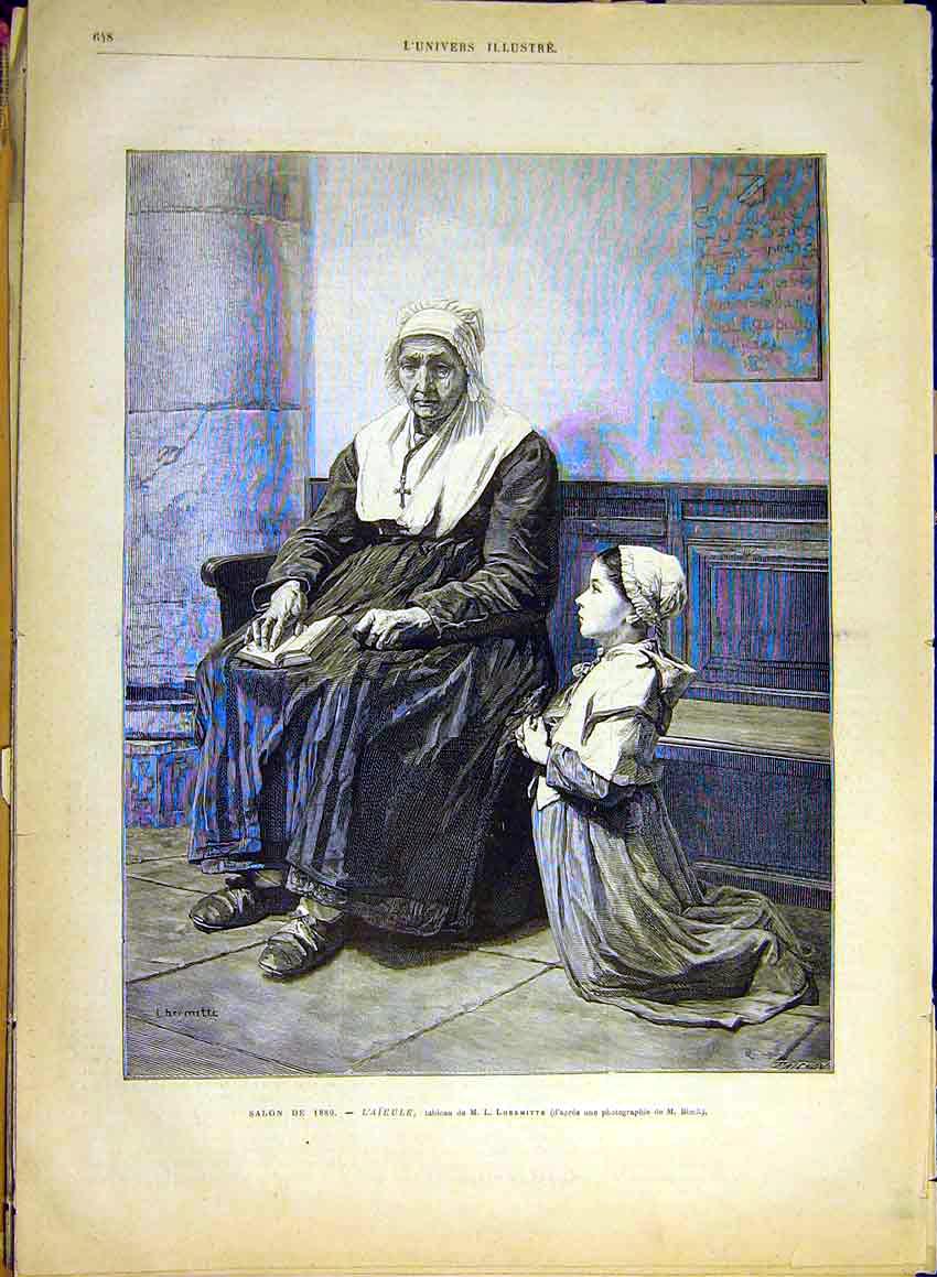 Original Old Antique Print Lhermitte L'Aieule -Woman Nun Child Religious 1880