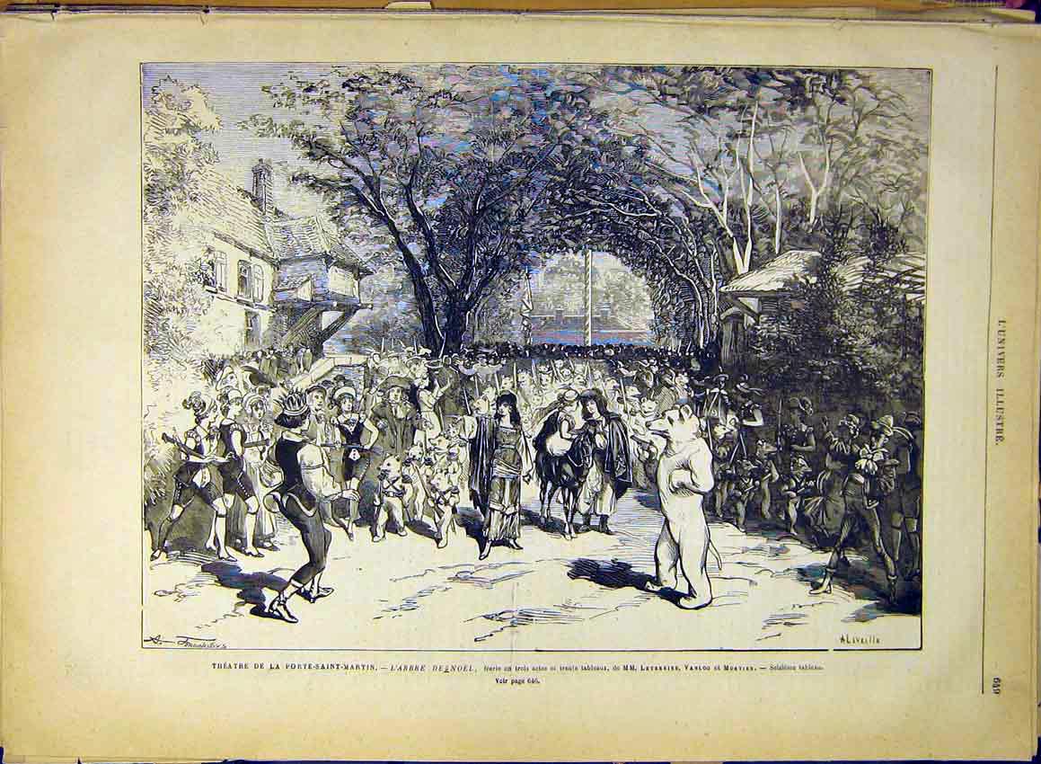 Original Old Antique Print Theatre Porte-Saint-Martin Christmas Tree 1880 19th