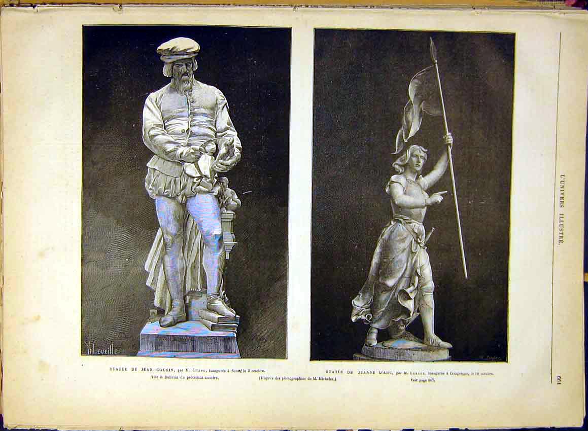 Original Old Antique Print Statue Jean Cousin Chapu Joan Arc Leroux 1880 19th