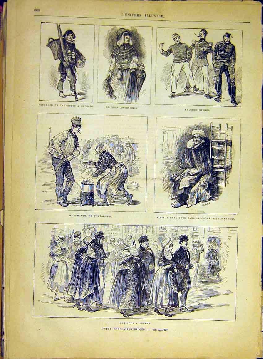 Original Old Antique Print Sketches Belgium Belges People Anvers French 1880