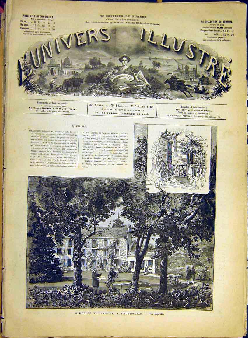Original Old Antique Print Gambetta House Building D'Avray French 1880 Victorian