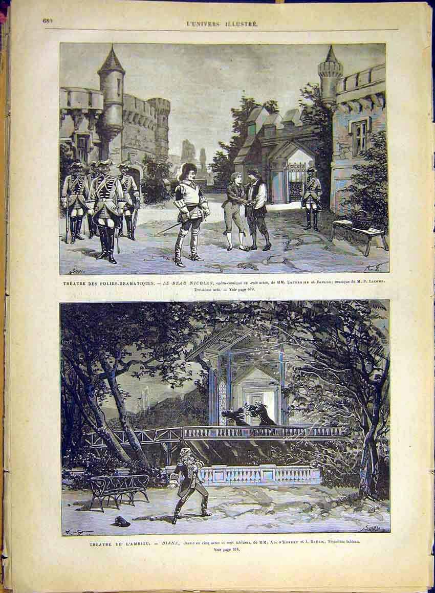 Original Old Antique Print Theatre Leterrier Vanloo Diana D'Ennery Bresil Scenes