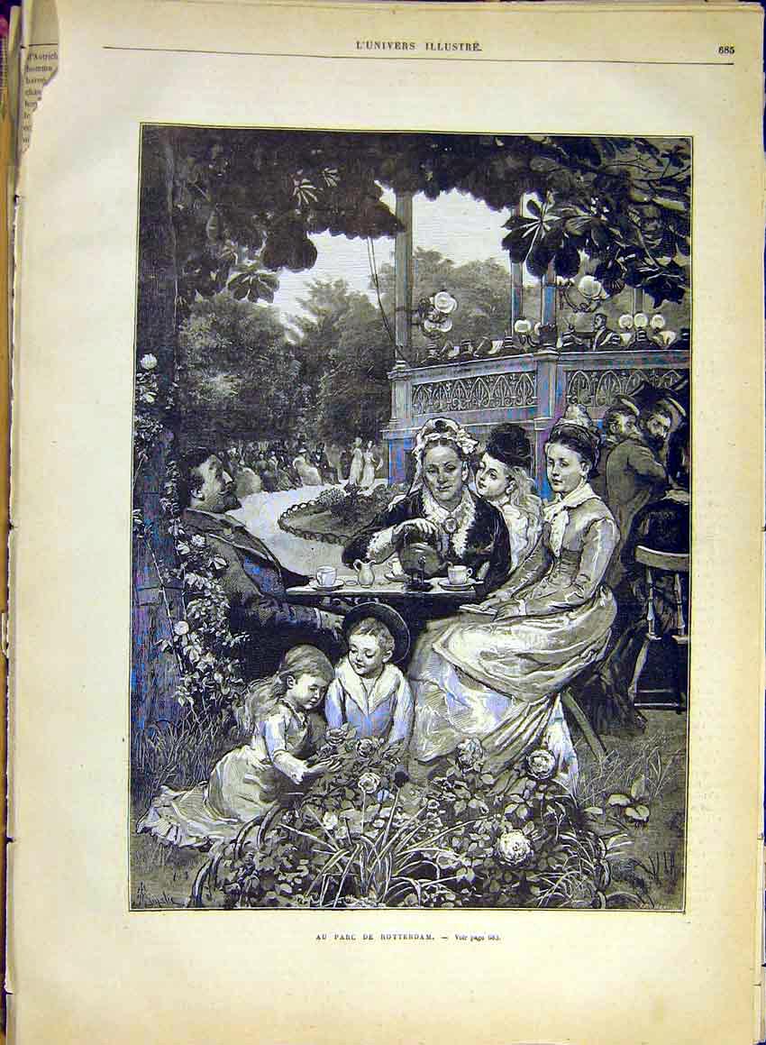 Original Old Antique Print Rotterdam Holland Park Tea Family French 1880 19th