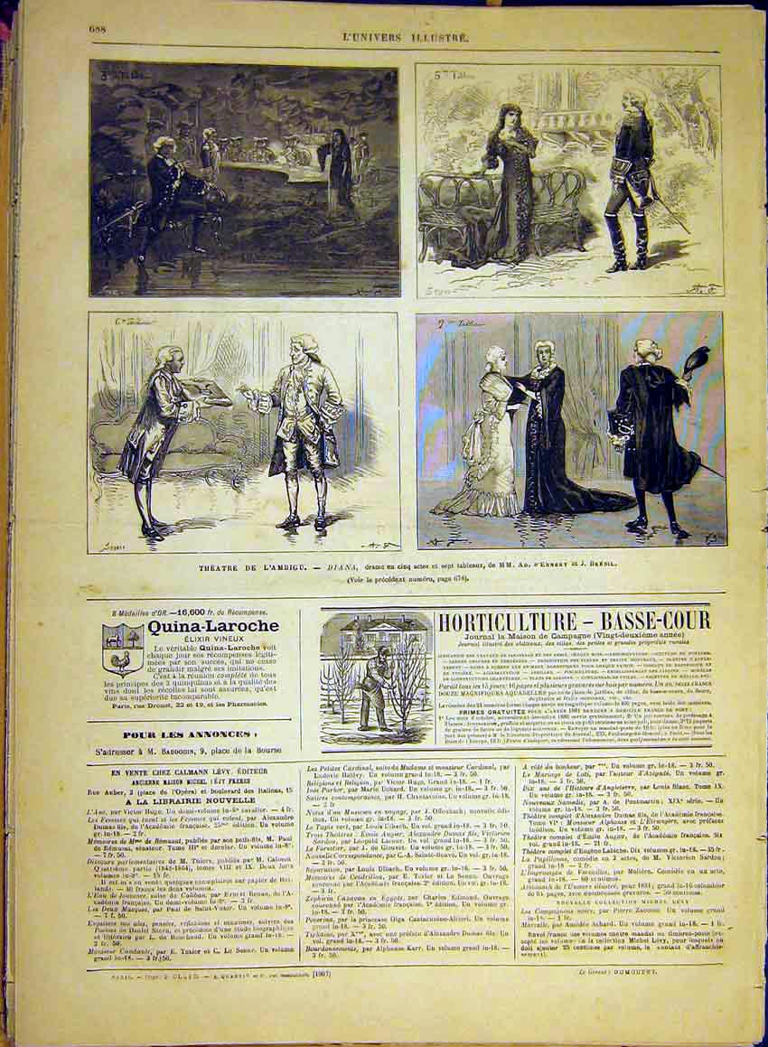 Original Old Antique Print Theatre Diana Ennery Bresil Sketches Scenes 1880 19th