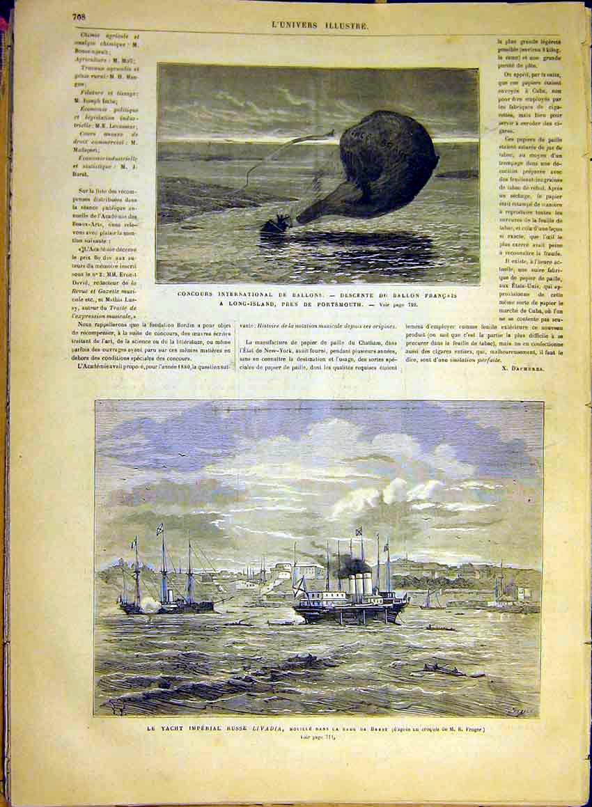 Original Old Antique Print Balloon Long-Island Yacht Livadia Brest 1880 19th