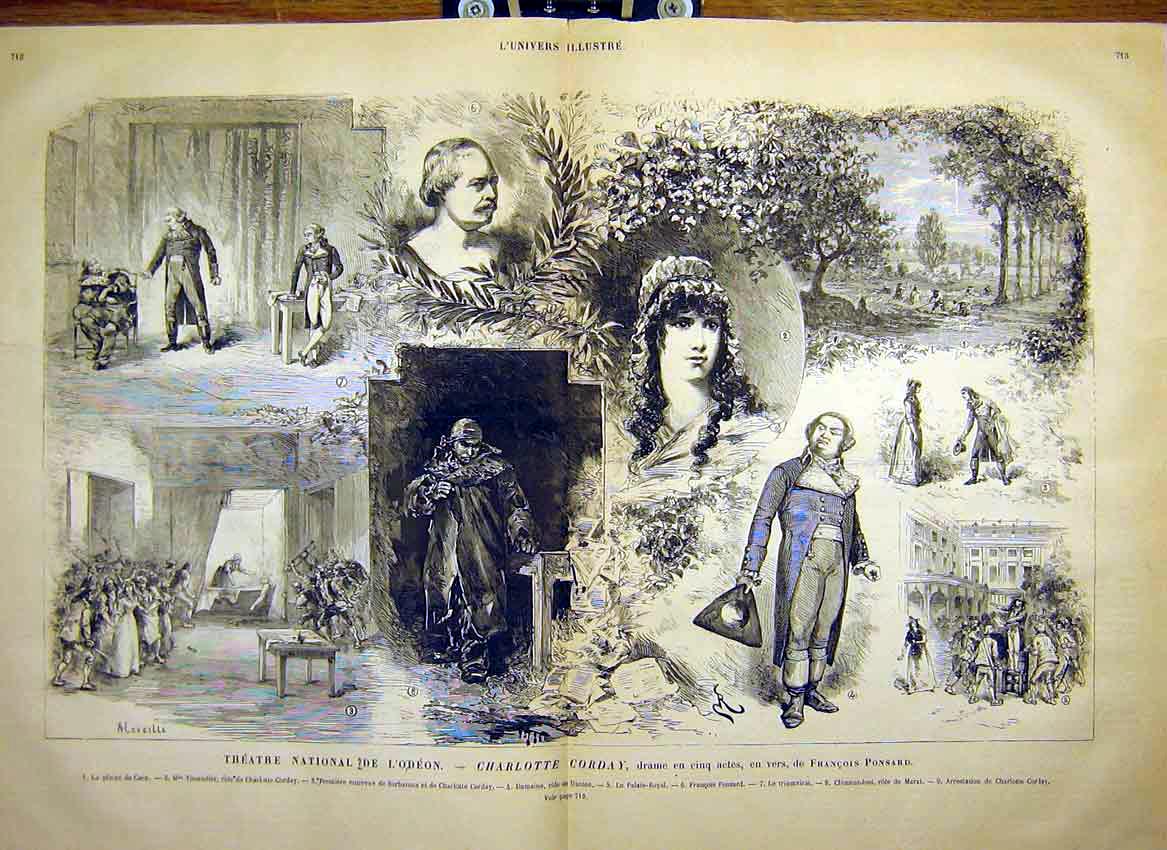 Original Old Antique Print Theatre Odeon Corday Ponsard Sketches Drama 1880