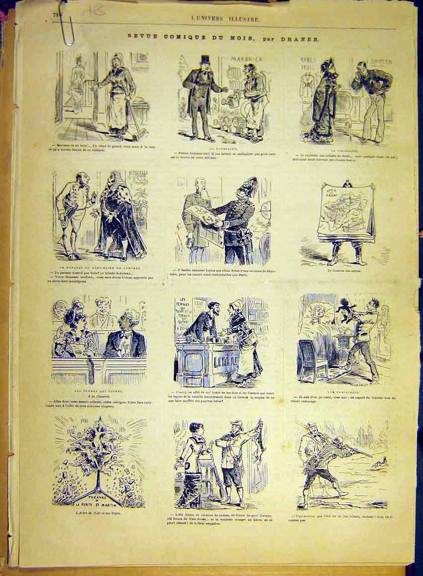 Original Old Antique Print Review Comic Draner Sketch Hunting Rabbit 1880 19th