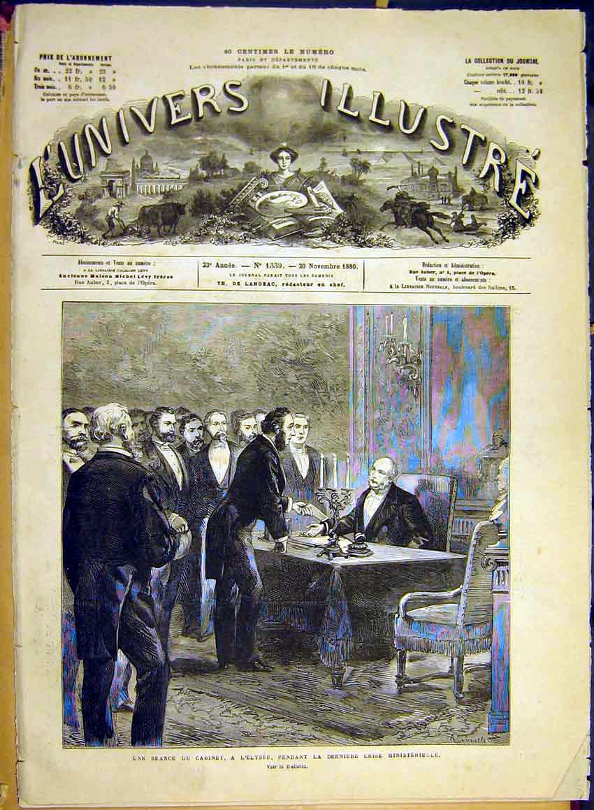 Original Old Antique Print Crisis Cabinet Elysee Ministry French 1880 Victorian