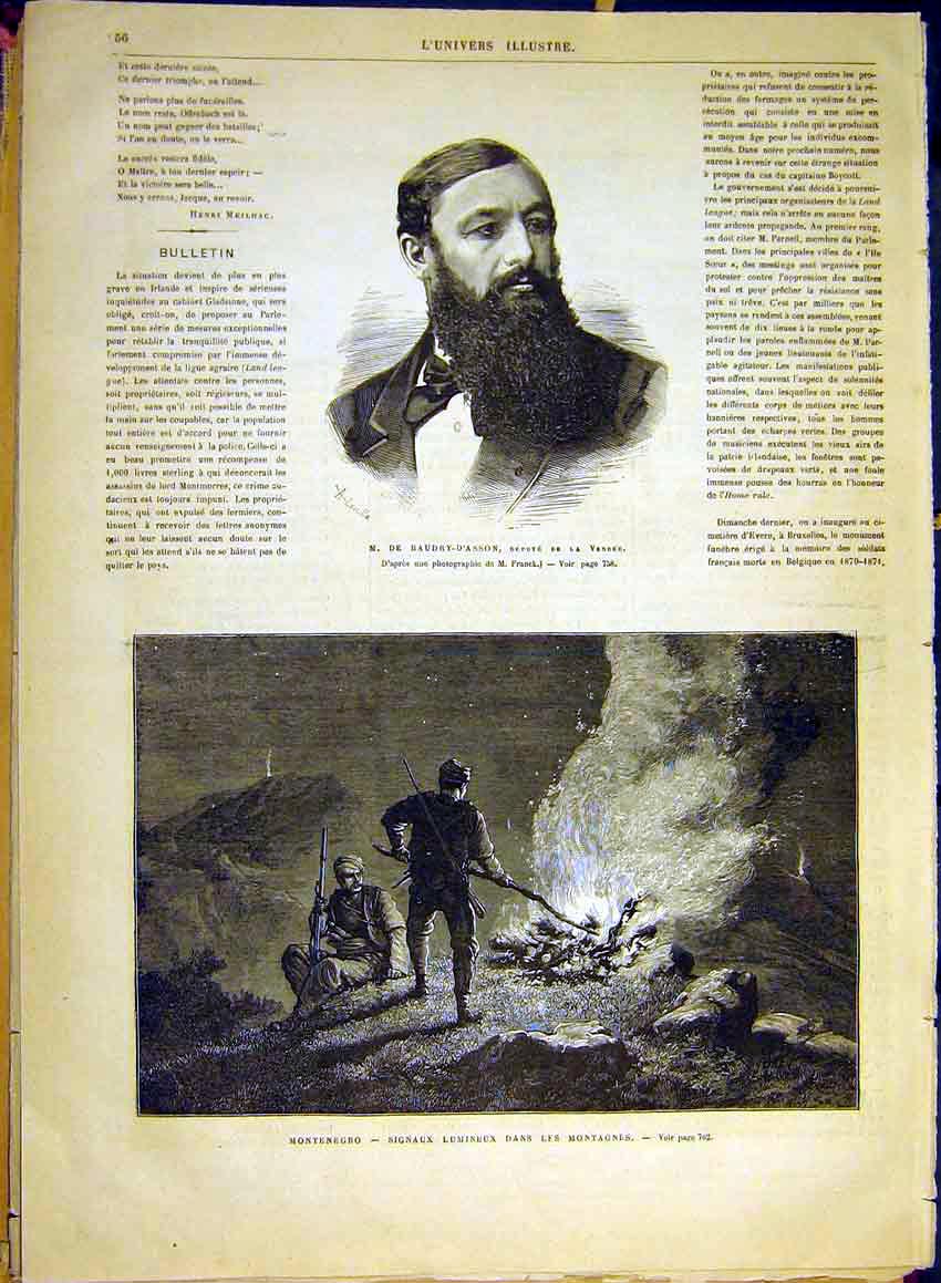 Original Old Antique Print Boudry-D'Asson Montenegro Signal-Fire Mountains 1880