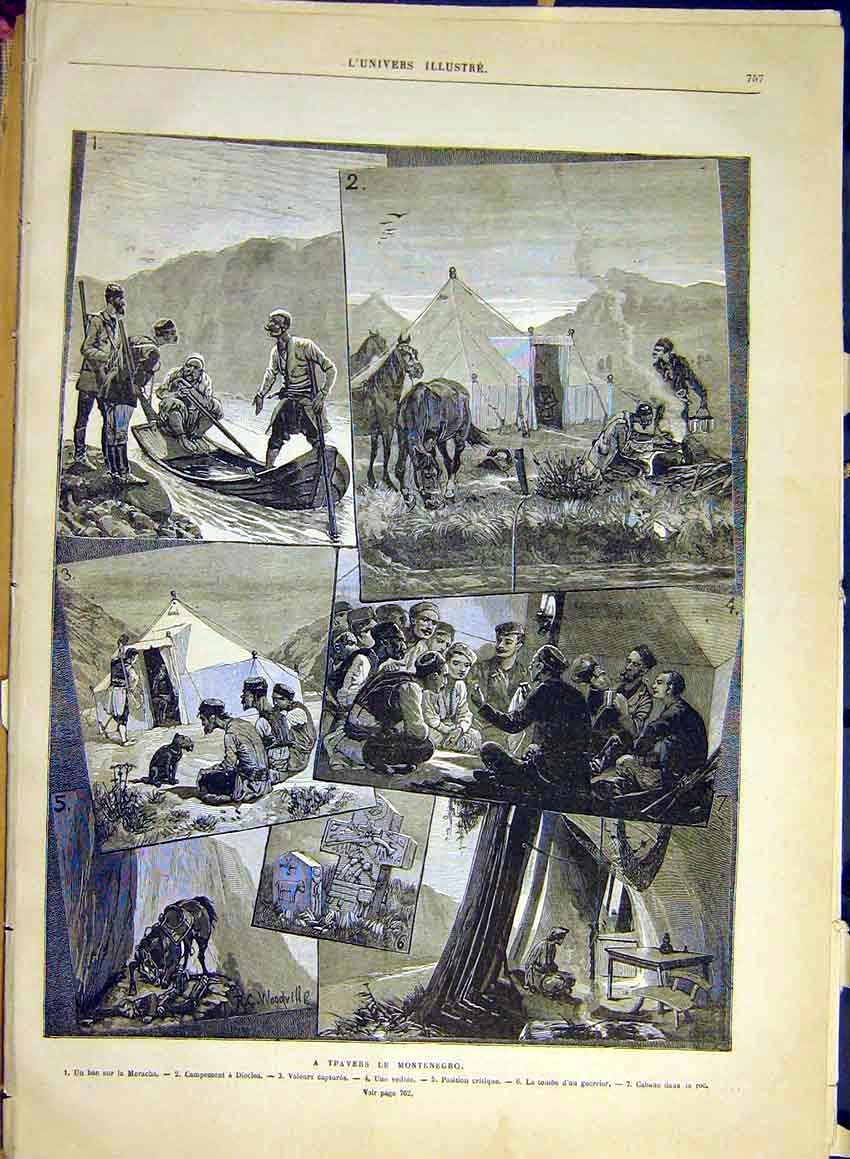 Original Old Antique Print Montenegro Travels Moracha People French 1880 19th