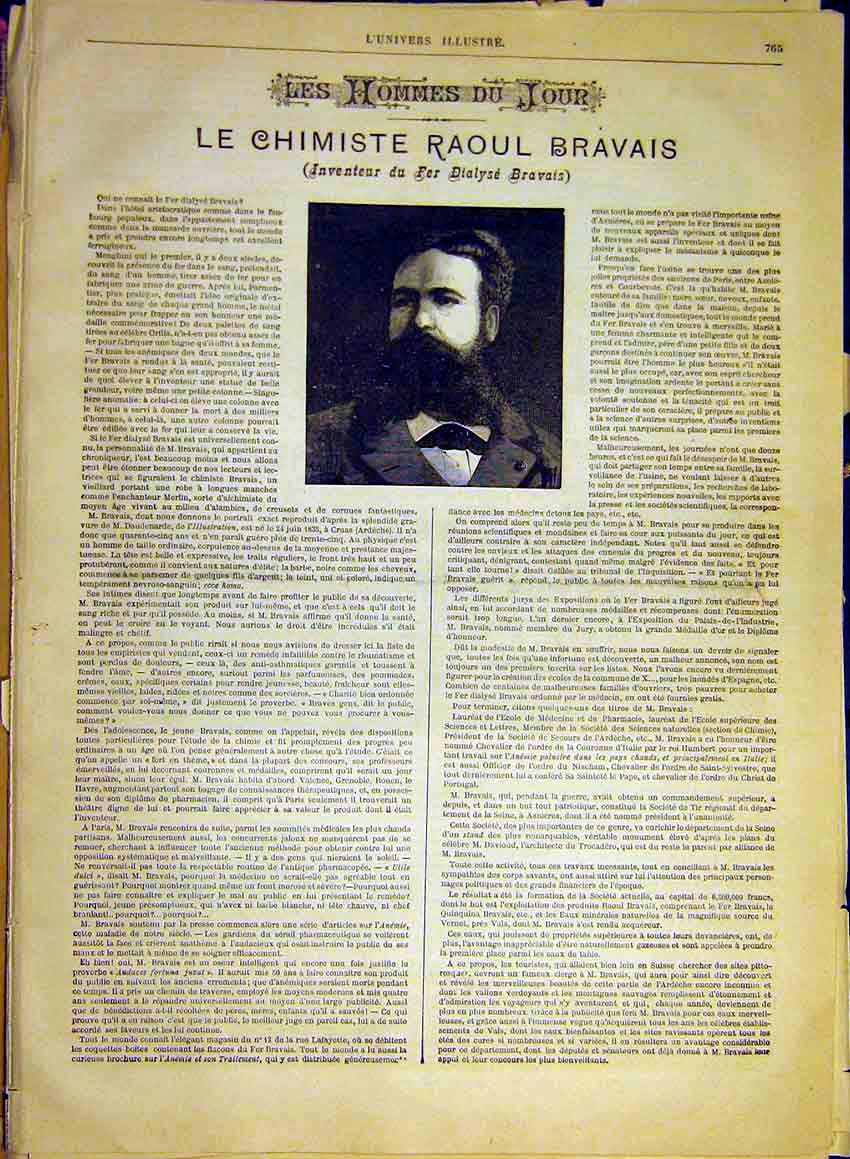 Original Old Antique Print Portrait Chemist Raoul Bravais French 1880 Victorian