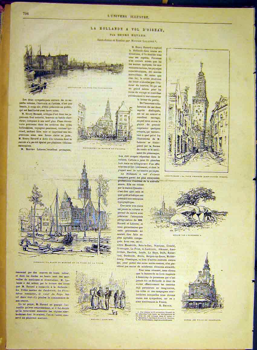 Original Old Antique Print Holland Havard Birds-Eye-View Amsterdam 1880 19th