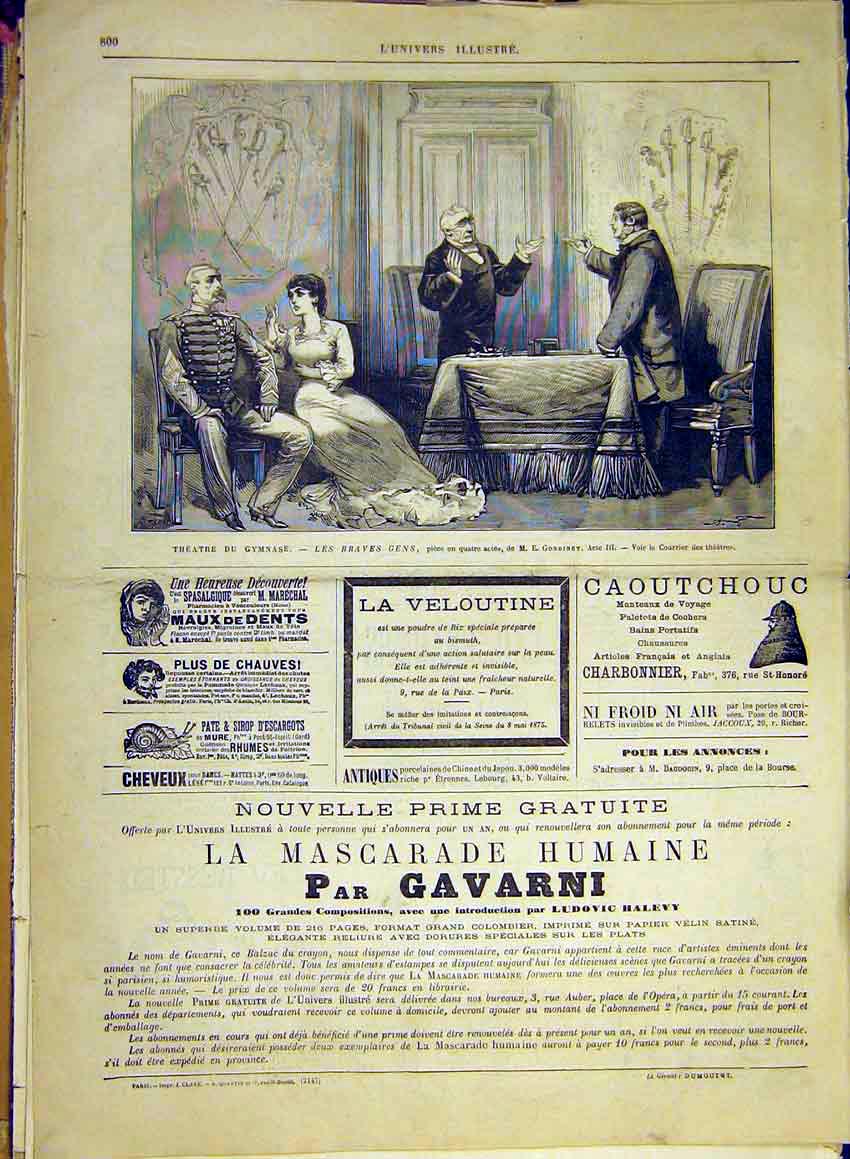 Original Old Antique Print Gymnase Theatre Gondinet Scene Braves Gens 1880 19th