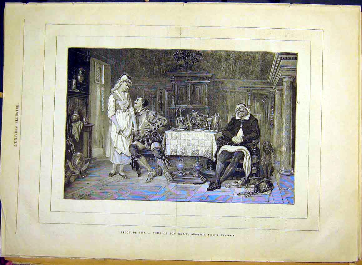 Original Old Antique Print Hadamand Fine Art Lady Suitor French 1880 Victorian