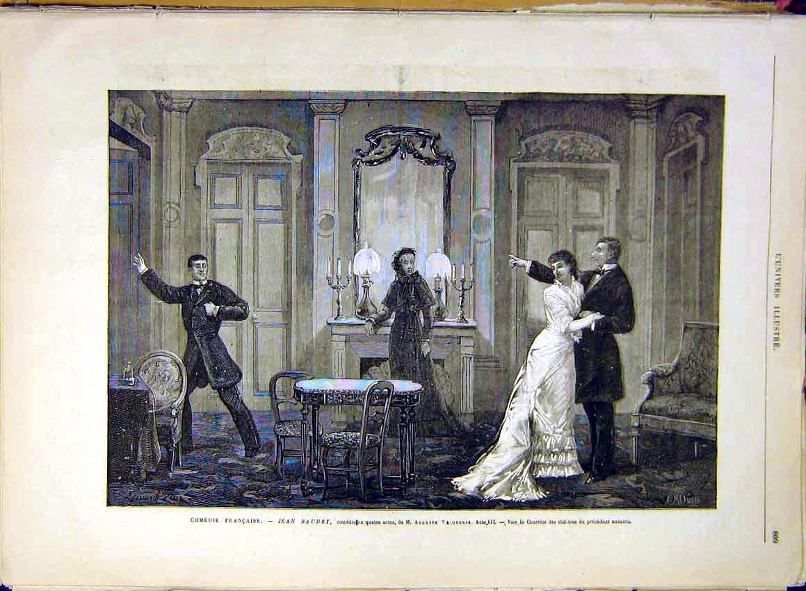 Original Old Antique Print French Comedy Jean Baudry Theatre Scene 1880 19th