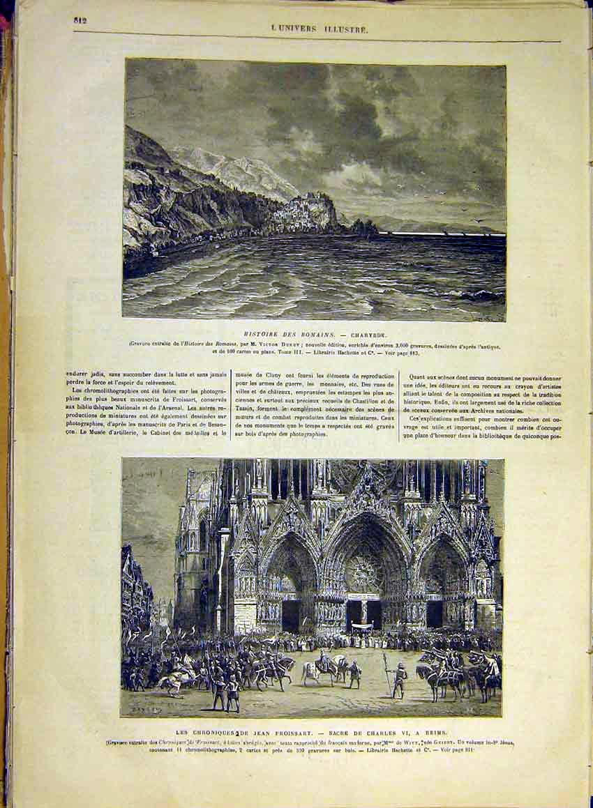 Original Old Antique Print Roman History Charybde Duruy Reims Froissart 1880