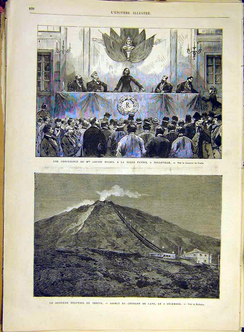 Original Old Antique Print Michel Belleville Eruption Vesuvius Volcano 1880 19th