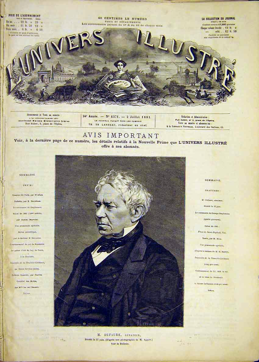 Original Old Antique Print Portrait Dufaure Senator French 1881 19th
