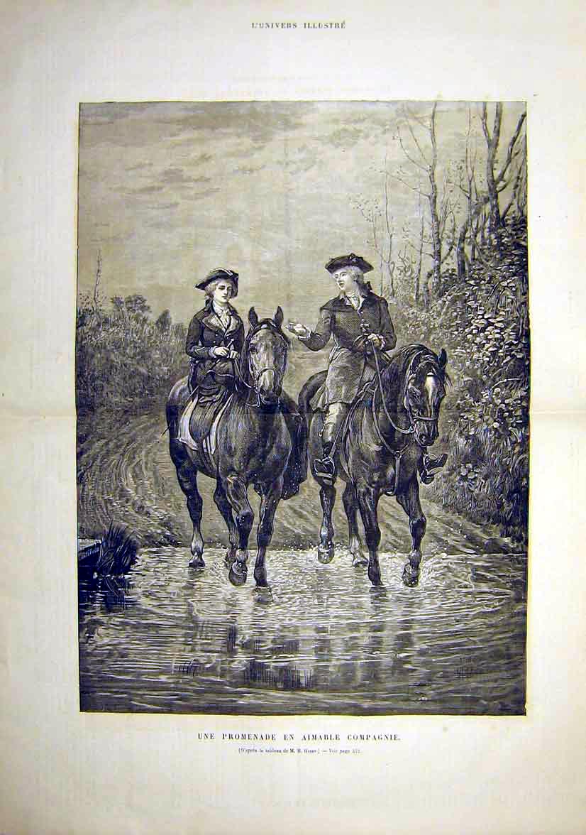 Original Old Antique Print Friendds Companions Horse Riders Hardy Fine Art 1881