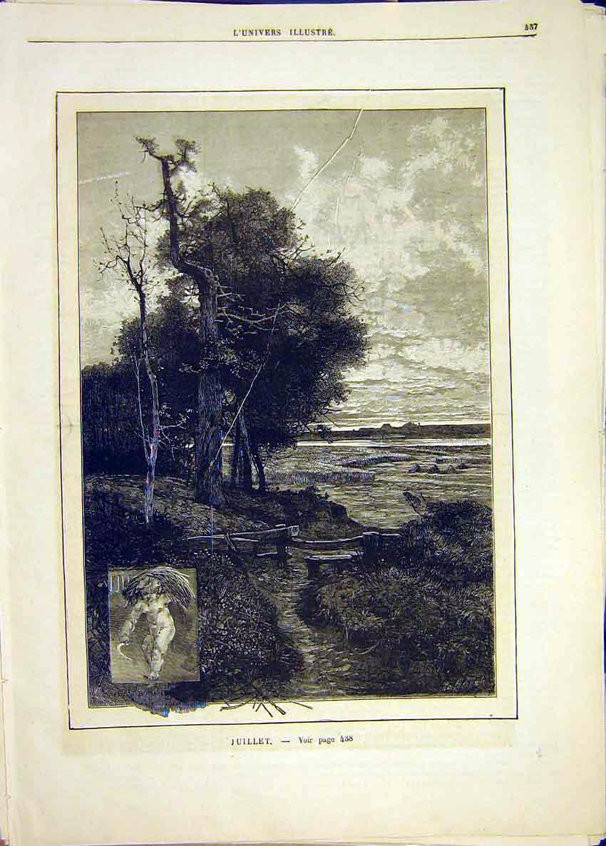 Original Old Antique Print July Month Season Landscape French 1881 Victorian