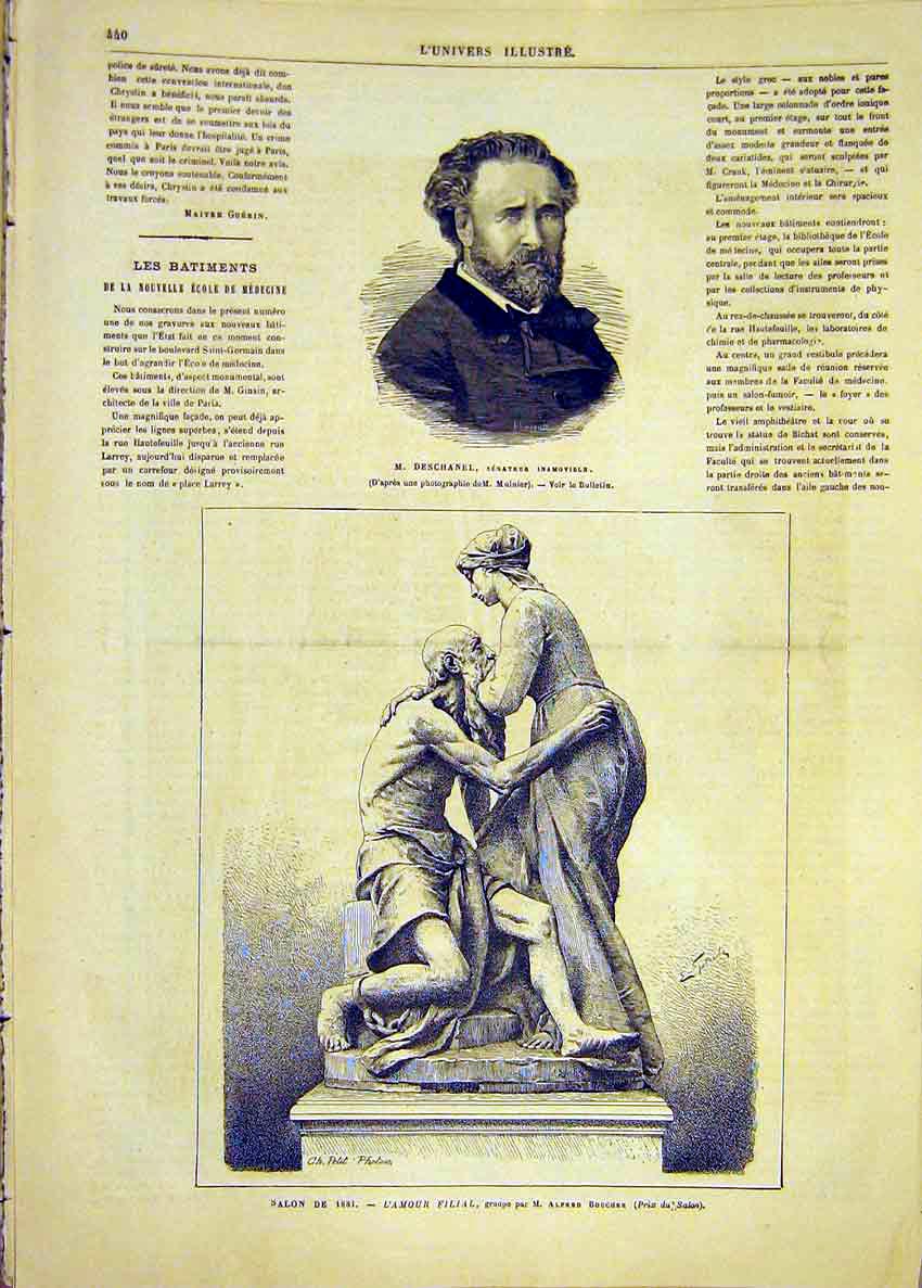 Original Old Antique Print Portrait Deschanel Senator Statue Boucher 1881 19th