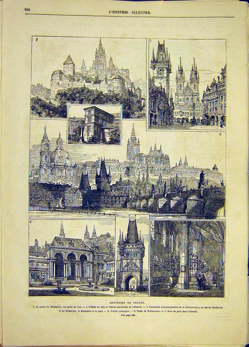 Original Old Antique Print Prague Buildings Hradschin Altstadt Synagogue 1881