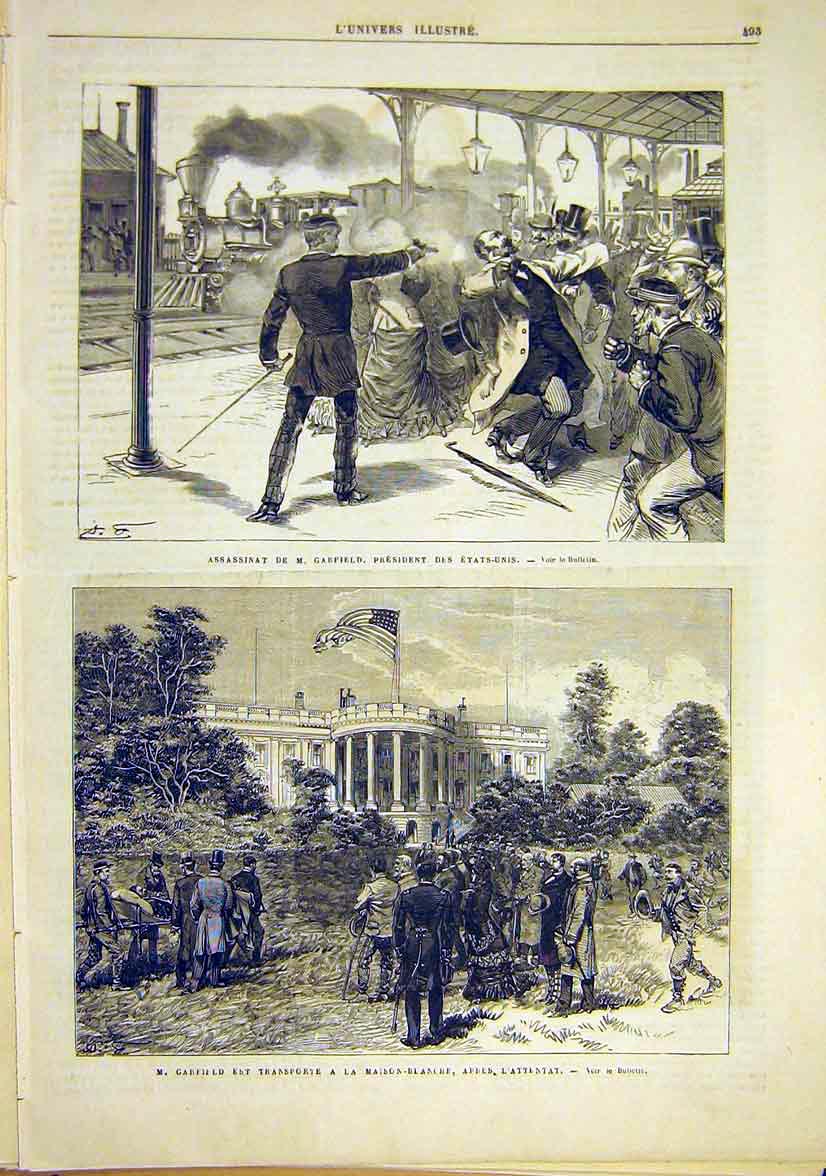 Original Old Antique Print Assasination Garfield United States White-House 1881
