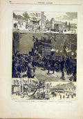 Original Old Antique Print Fete National Flames French 1881 France Victorian