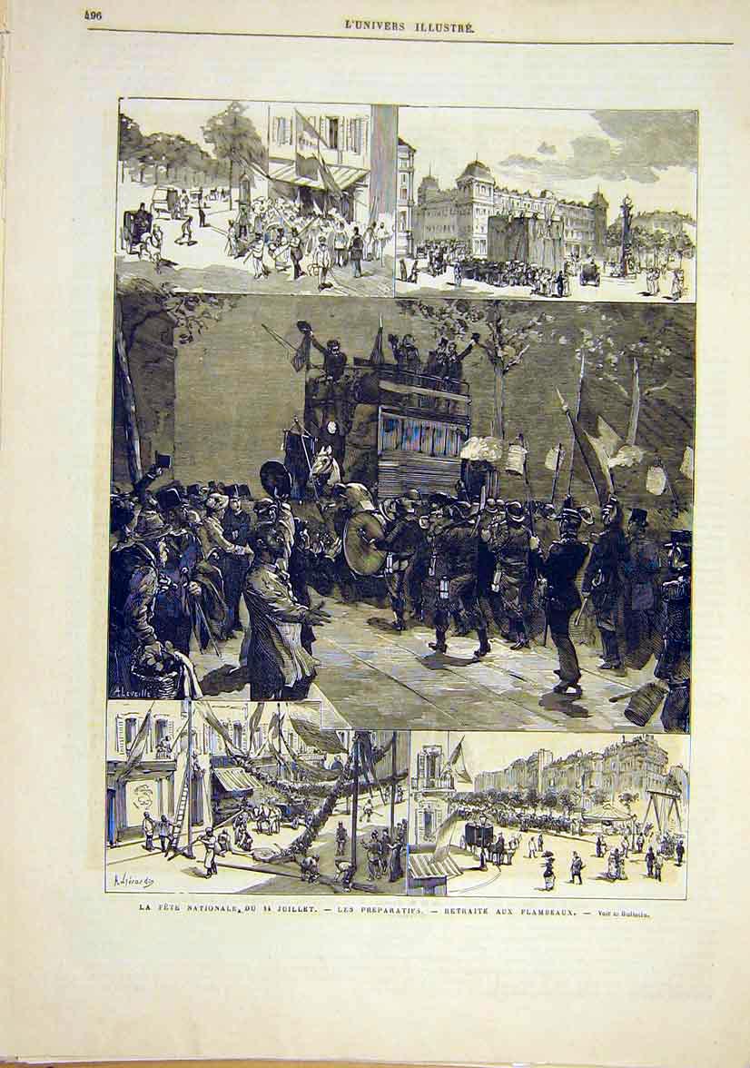 Original Old Antique Print Fete National Flames French 1881 France Victorian