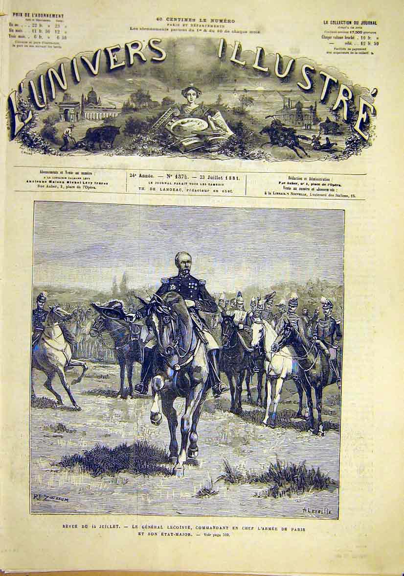 Original Old Antique Print Review 14 July Lecointe Army Paris French 1881