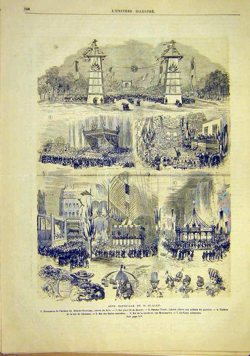 Original Old Antique Print National Fete 14 July France Montmartre Paris 1881