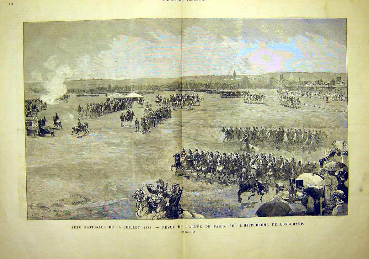 Original Old Antique Print Army Paris Review Hippodrome Longchamp 1881 19th