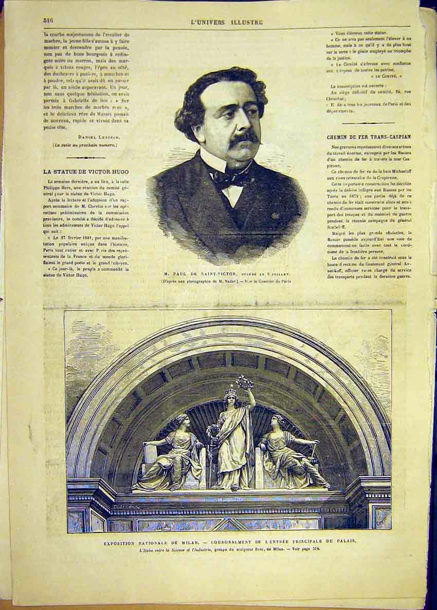 Original Old Antique Print Portrait Saint-Victor Coronation Milan Statue 1881